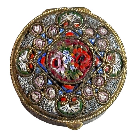 FAP Antique Rare Fabbrica Angelo Pessar Micro Mosaic Glas Trinket Pill Box Brass - Picture 2 of 8
